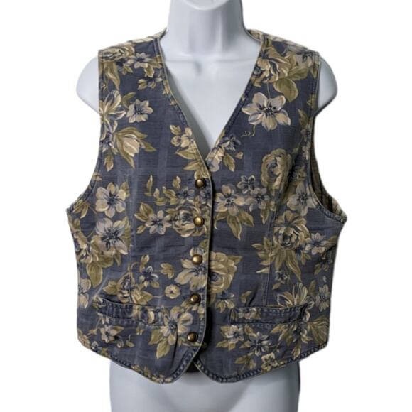 Vintage 90's Liz Claiborne Vest Mixed Pattern Floral Stripe Cotton Size MP - Picture 1 of 7